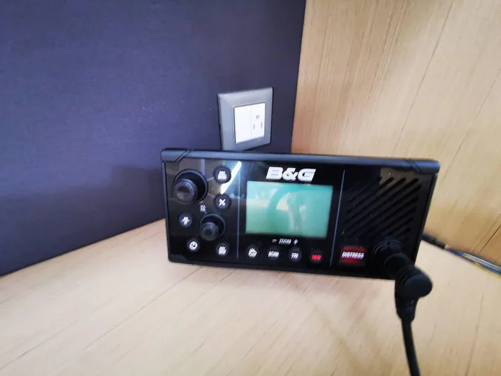 Blue Tide Yacht Photos Pics B&G marine radio on 2020 Beneteau Oceanis 46.1 yacht interior.