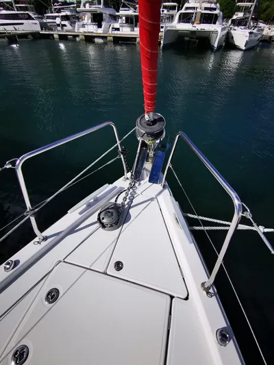 Blue Tide Yacht Photos Pics Bow of 2020 Beneteau Oceanis 46.1 yacht docked in marina.