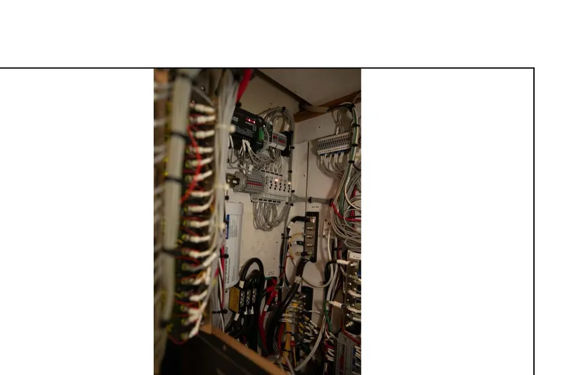 "focus" Yacht Photos Pics Electrical wiring panel inside a 1977 Hatteras 58 Yacht Fisherman.