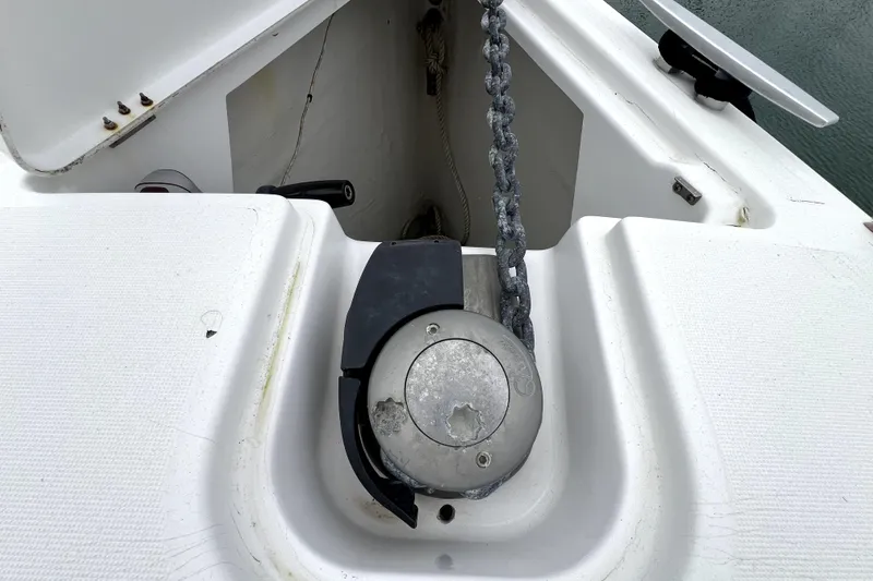 Knot Behaving Yacht Photos Pics Anchor chain and windlass on 2014 Jeanneau Sun Odyssey 379 sailboat deck.