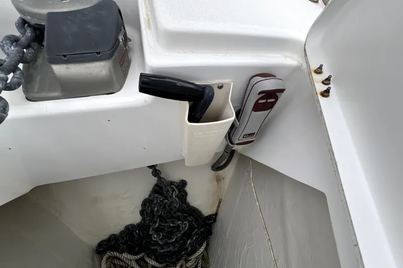 Knot Behaving Yacht Photos Pics Anchor chain and equipment on 2014 Jeanneau Sun Odyssey 379 sailboat deck.