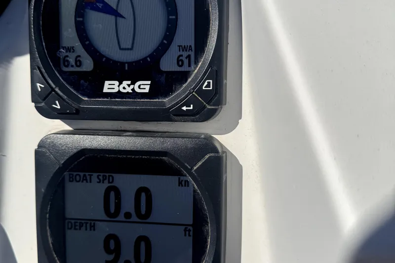 Knot Behaving Yacht Photos Pics B&G instruments on 2014 Jeanneau Sun Odyssey 379, showing wind and depth data.