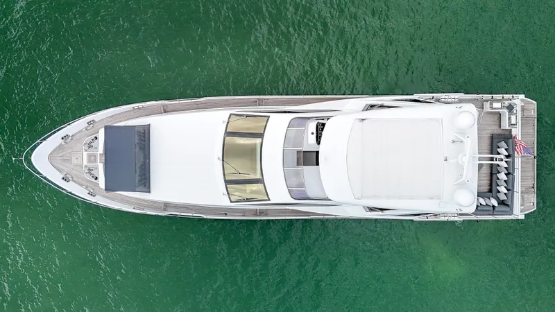  Yacht Photos Pics Top view of 2017 Azimut 95 Raised Pilothouse yacht on green water.