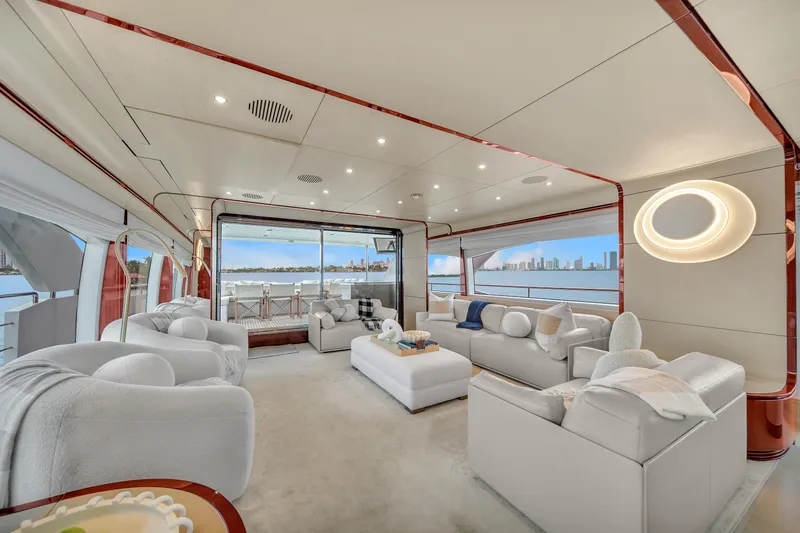  Yacht Photos Pics Luxurious interior of 2017 Azimut 95 Raised Pilothouse yacht with panoramic ocean views.