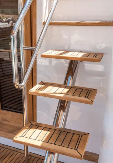  Yacht Photos Pics Stainless steel and teak steps on 2025 Sasga Yachts Menorquin 55 Flybridge.