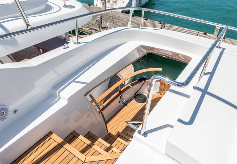  Yacht Photos Pics 2025 Sasga Yachts Menorquin 55 Flybridge, elegant deck view with wooden accents and sleek design.