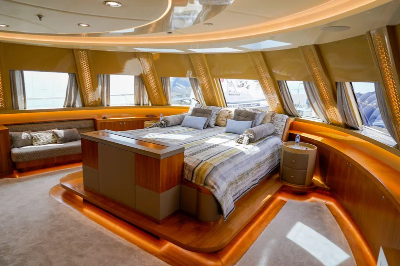 Aresteas Yacht Photos Pics Luxurious yacht bedroom interior, Custom Yildizlar 2017, featuring elegant design and ambient lighting.