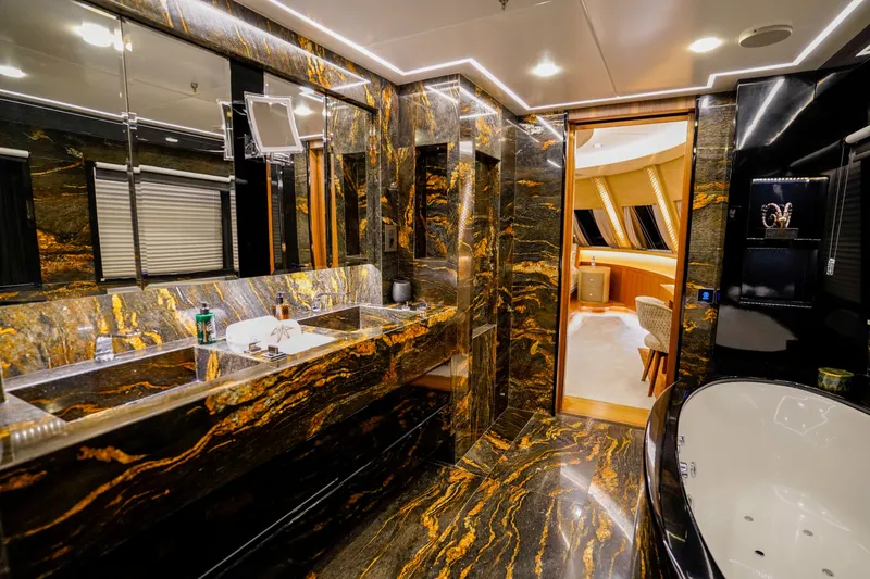 Aresteas Yacht Photos Pics Luxurious yacht bathroom with marble decor, modern fixtures, and ambient lighting, Custom Yildizlar 2017.