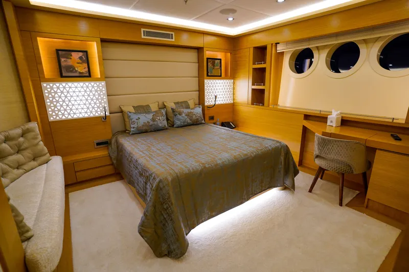 Aresteas Yacht Photos Pics Luxurious 2017 Yildizlar custom yacht bedroom with elegant decor and modern furnishings.