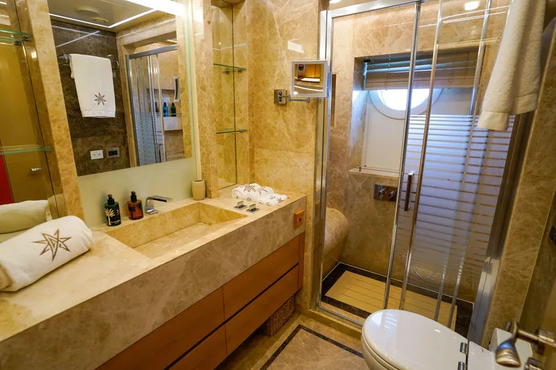 Aresteas Yacht Photos Pics Luxurious 2017 Custom Yildizlar yacht bathroom with marble finishes and modern amenities.