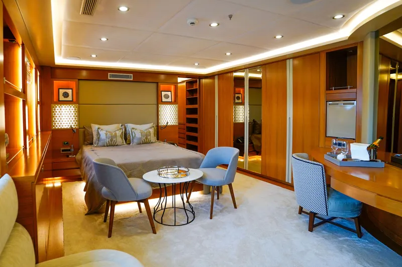 Aresteas Yacht Photos Pics Luxurious bedroom interior on 2017 Custom Yildizlar yacht, featuring elegant furnishings and modern design.
