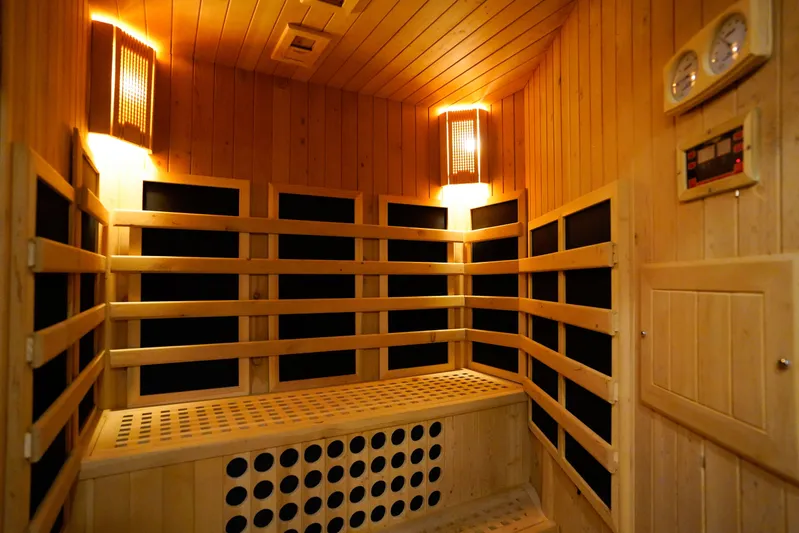 Aresteas Yacht Photos Pics Custom Yildizlar 2017 infrared sauna with wooden interior and ambient lighting.