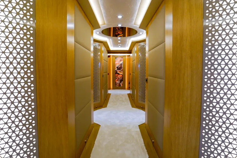 Aresteas Yacht Photos Pics Luxurious yacht interior hallway with wooden panels and intricate lattice design, Custom Yildizlar 2017.