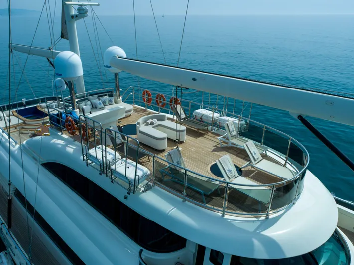 Aresteas Yacht Photos Pics Luxurious 2017 Custom Yildizlar yacht deck with seating, overlooking calm ocean waters.