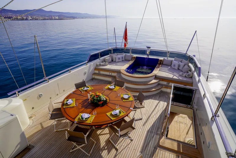 Aresteas Yacht Photos Pics Luxurious 2017 Custom Yildizlar yacht deck with dining area and jacuzzi, overlooking serene ocean.
