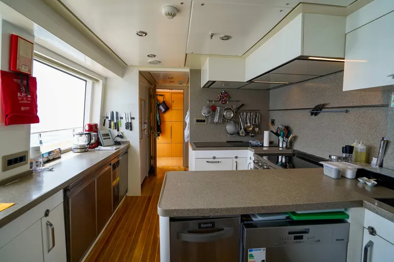 Aresteas Yacht Photos Pics Modern kitchen interior on a 2017 Custom Yildizlar yacht, featuring sleek countertops and appliances.