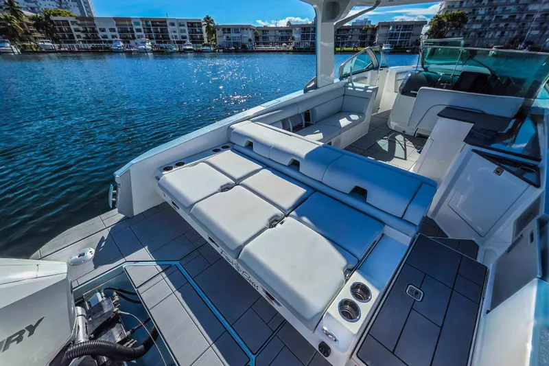  Yacht Photos Pics 2022 Aviara AV32 OB luxury boat interior with spacious seating and modern design.