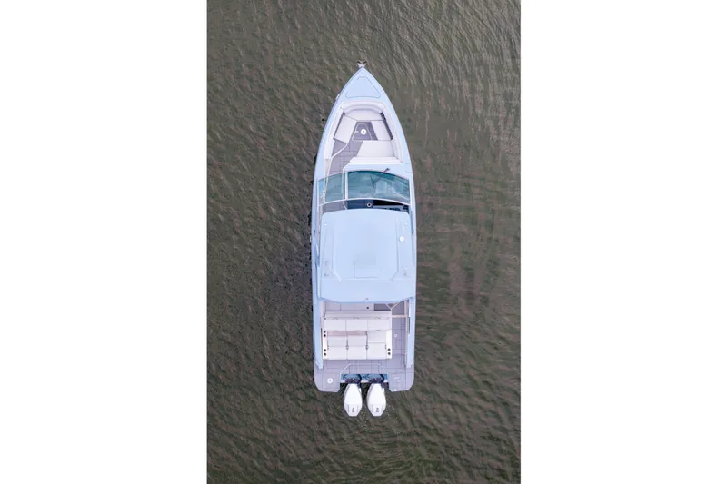  Yacht Photos Pics Aerial view of 2022 Aviara AV32 OB boat on water.