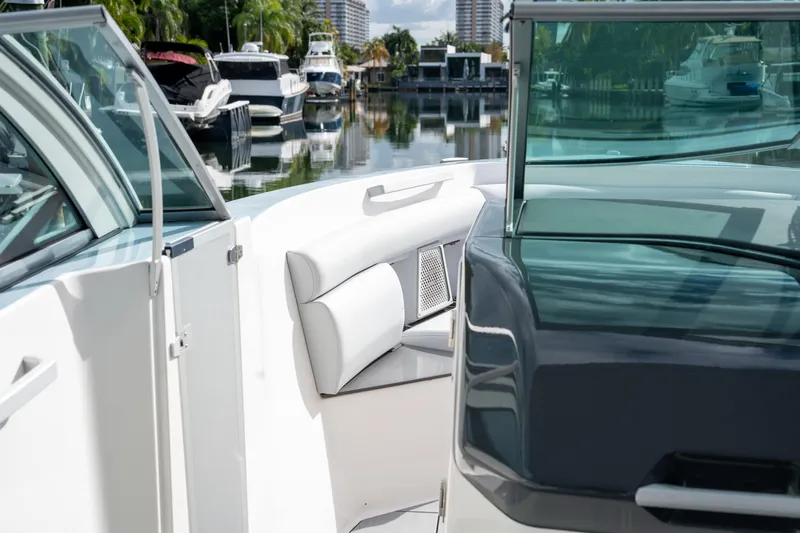  Yacht Photos Pics 2022 Aviara AV32 OB boat interior with sleek design and comfortable seating.