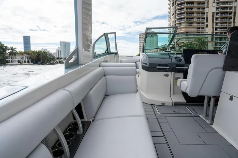  Yacht Photos Pics Luxurious 2022 Aviara AV32 OB boat interior with sleek seating and modern dashboard.