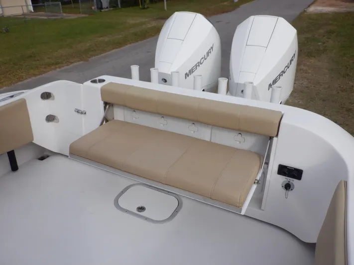  Yacht Photos Pics 2023 Cape Horn 27 XS boat with dual Mercury engines and beige seating.