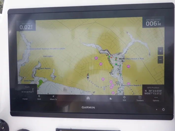  Yacht Photos Pics Garmin navigation display on 2023 Cape Horn 27 XS boat, showing detailed marine map.