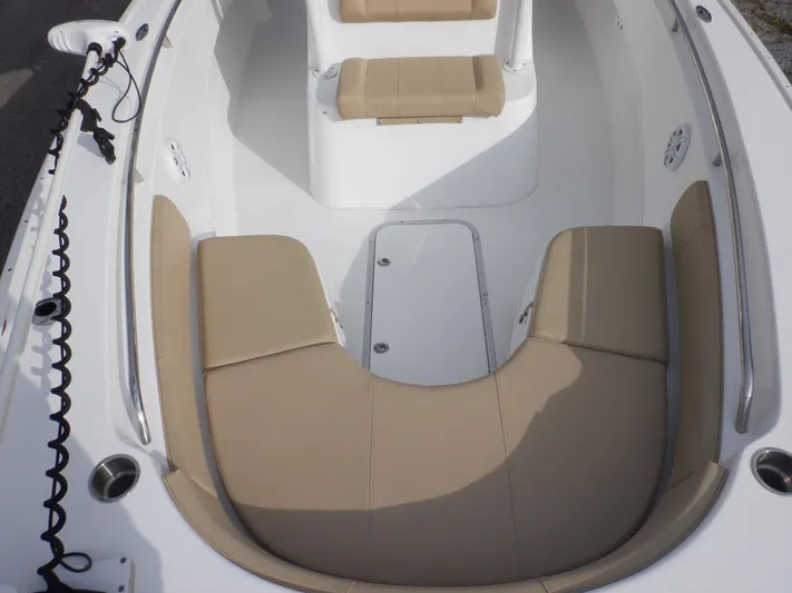  Yacht Photos Pics 2023 Cape Horn 27 XS boat interior with beige seating and white deck.