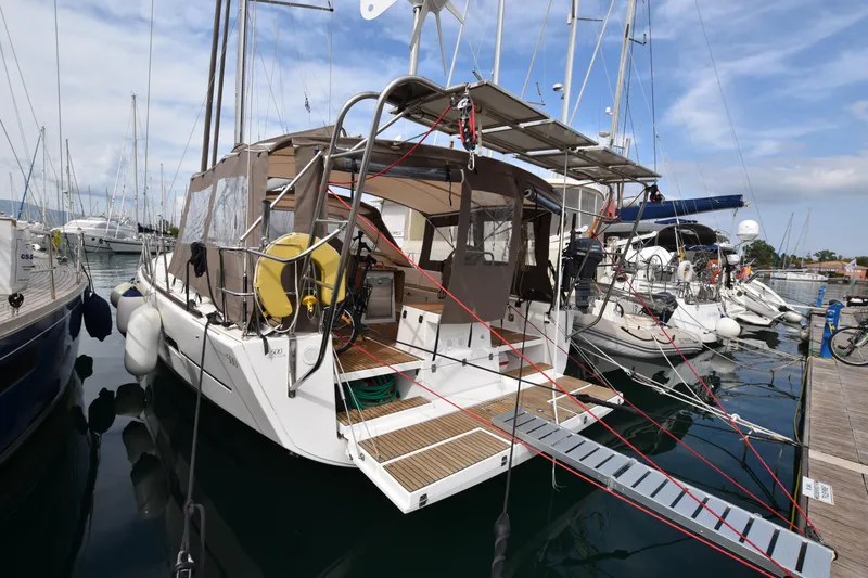 Gypsy Yacht Photos Pics 2015 Dufour 500 Grand Large sailing yacht, Ionian Sea, Corfu, Gouvia Marina featuring spacious deck and canopy.
