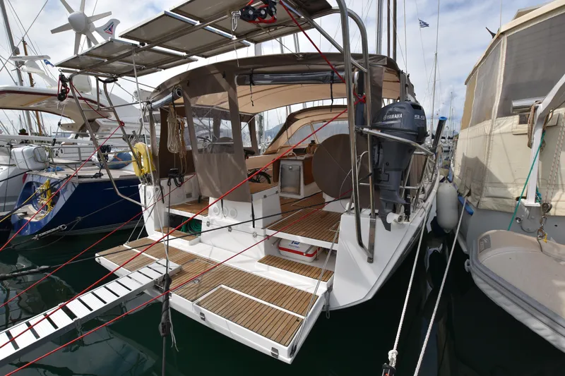 Gypsy Yacht Photos Pics 2015 Dufour 500 Grand Large yacht docked, featuring spacious deck and canopy.