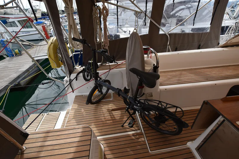 Gypsy Yacht Photos Pics Dufour 500 Grand Large 2015 sailing yacht deck, fully equipped and with a folding bicycle.