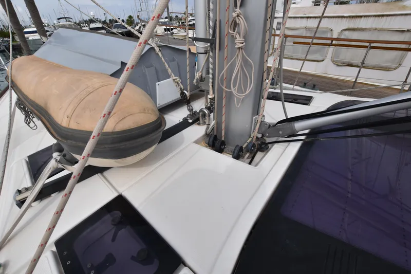 Gypsy Yacht Photos Pics Deck view of 2015 Dufour 500 Grand Large sailing yacht with rigging and lifeboat.
