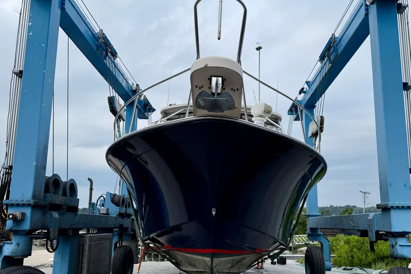  Yacht Photos Pics 2008 Grady-White Express 360 boat in dry dock, viewed from the front.