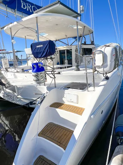 Adventure Yacht Photos Pics Broadblue 435 catamaran, 2010 model, docked with visible deck and equipment.