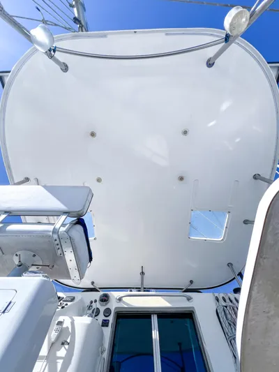 Adventure Yacht Photos Pics Broadblue 435 catamaran deck view, showcasing sleek design and modern features, under clear blue sky.