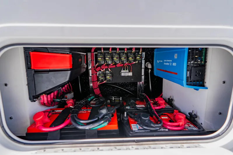  Yacht Photos Pics Electrical system of 2025 Yellowfin 36 Offshore boat, featuring batteries and inverter.