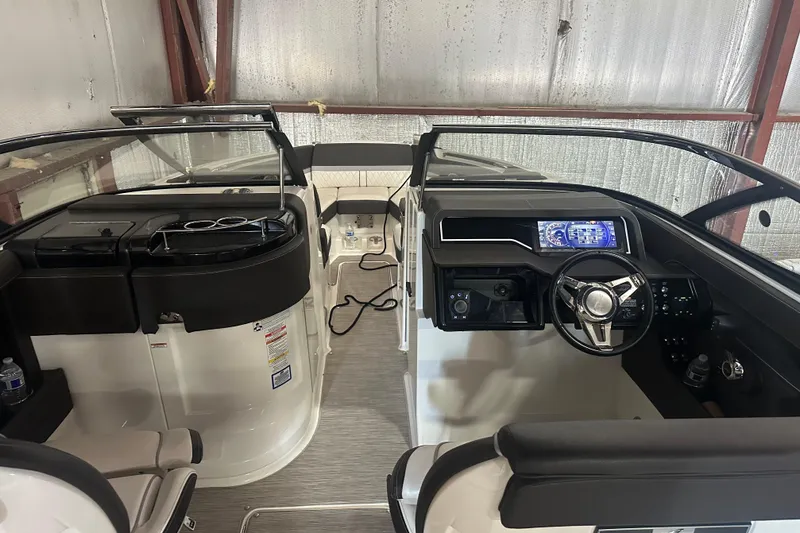  Yacht Photos Pics Interior of 2017 Sea Ray 280 SLX boat with modern dashboard and seating.