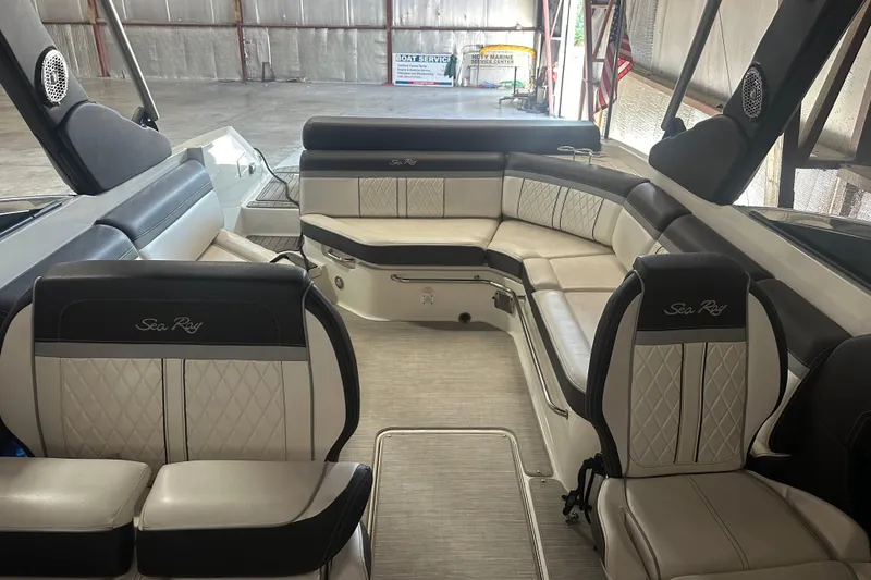  Yacht Photos Pics Interior of 2017 Sea Ray 280 SLX boat with luxurious seating and modern design.