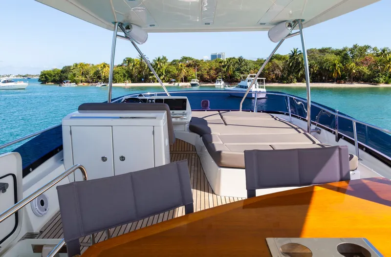  Yacht Photos Pics Prestige 560 Flybridge 2018 yacht with spacious deck and scenic waterfront view.