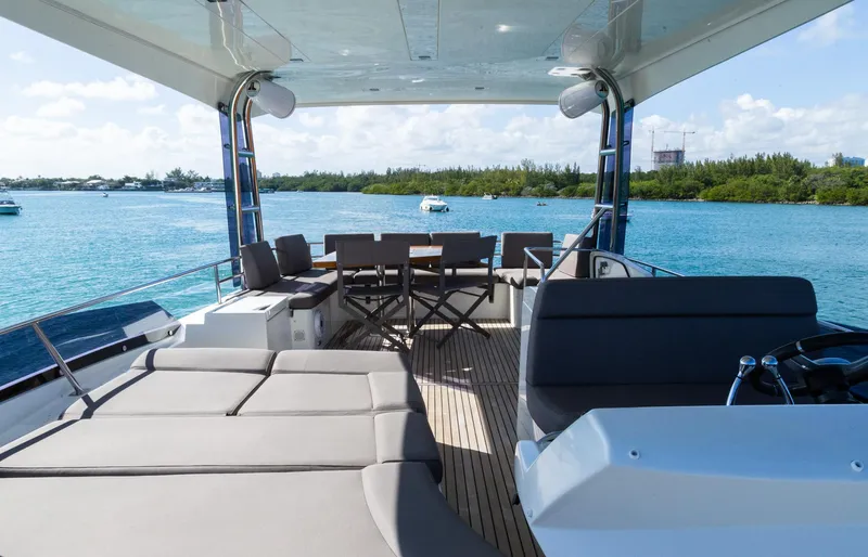  Yacht Photos Pics Prestige 560 Flybridge 2018 yacht with spacious deck, seating, and scenic water view.