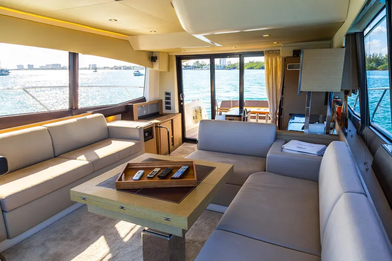  Yacht Photos Pics Luxurious interior of 2018 Prestige 560 Flybridge yacht with scenic water views.