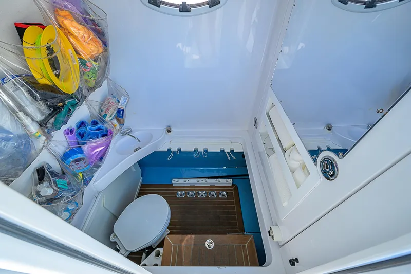 Mare Yacht Photos Pics 2019 Bahama 41 boat interior with storage, toilet, and wooden flooring.