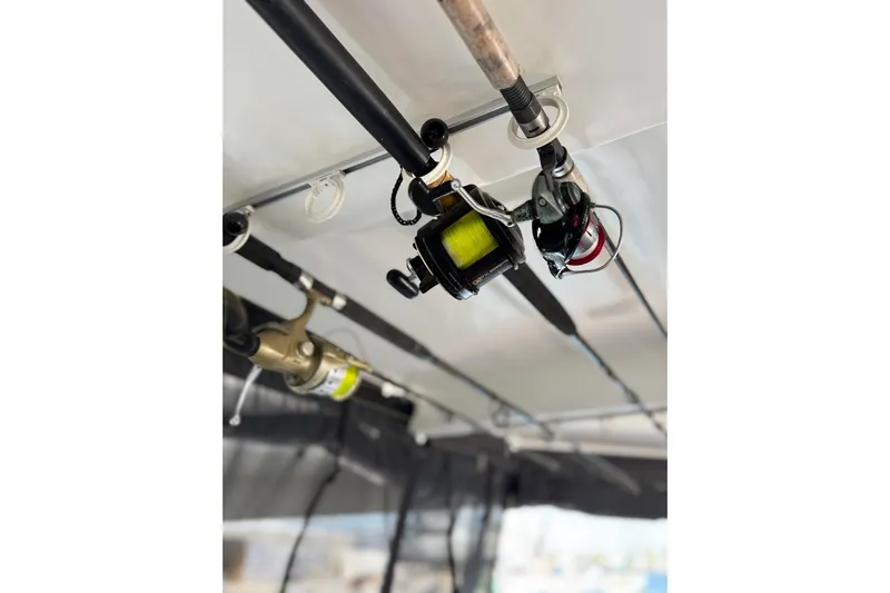  Yacht Photos Pics Fishing rods mounted on a 2020 Lagoon 46 catamaran, ready for use.