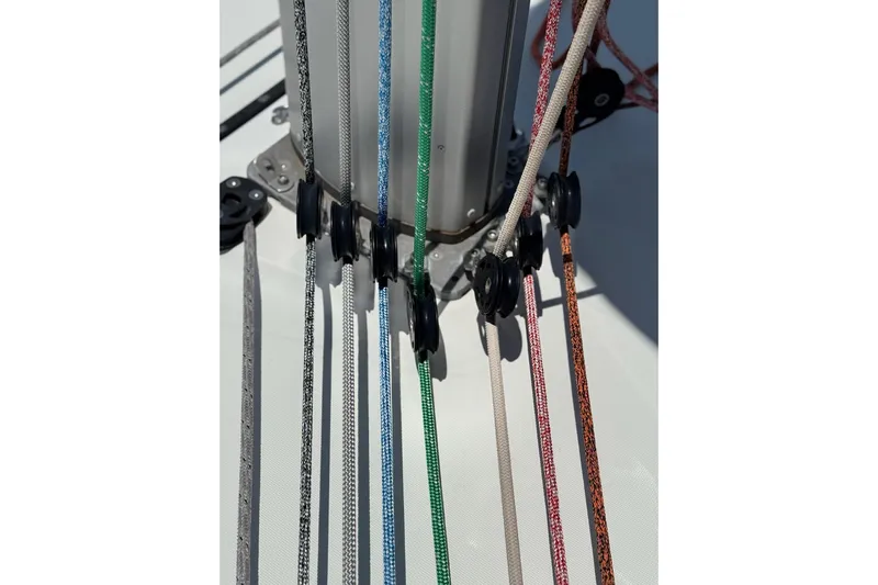  Yacht Photos Pics Colorful ropes and pulleys on a 2020 Lagoon 46 catamaran deck.