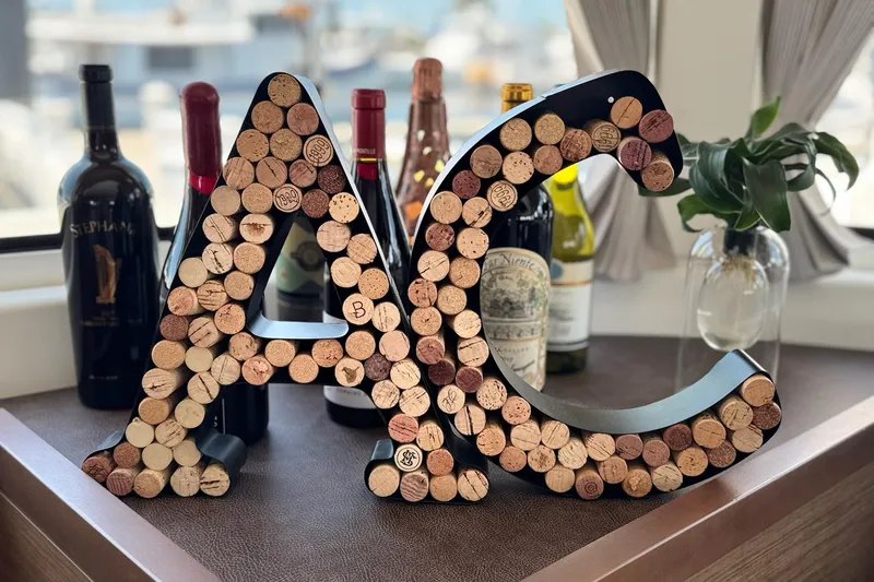  Yacht Photos Pics Wine cork letters "A" and "C" on a Lagoon 46 yacht, 2020 model.