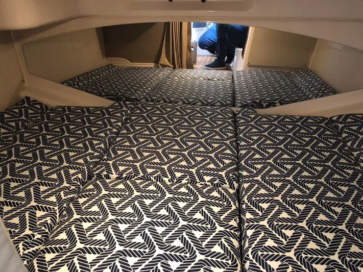  Yacht Photos Pics 2007 Grady-White Express 330 cabin interior with patterned cushions.