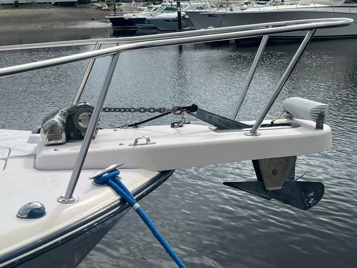  Yacht Photos Pics 2007 Grady-White Express 330 boat anchor and railing detail at marina.