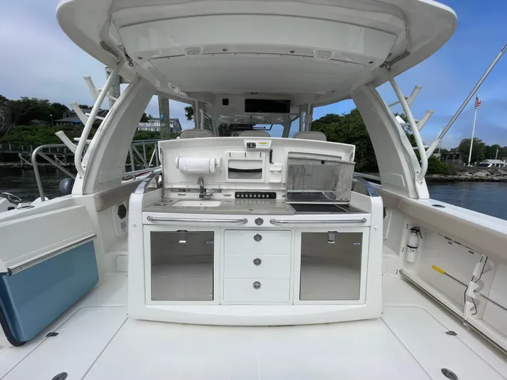  Yacht Photos Pics 2017 Boston Whaler 420 Outrage boat interior with kitchenette and storage cabinets.