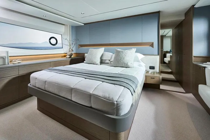  Yacht Photos Pics Manufacturer Provided Image: Luxurious bedroom interior of 2025 Princess S65 yacht with modern design and elegant decor.