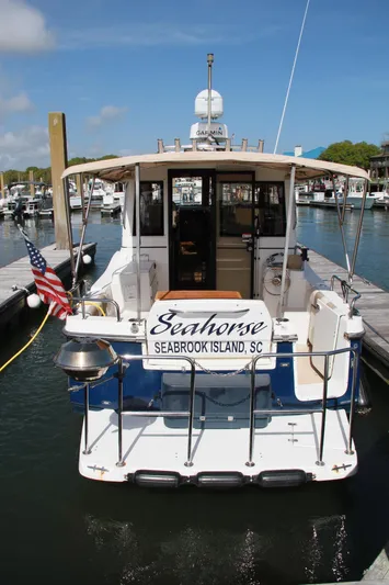Seahorse Yacht Photos Pics 2016 Cutwater 28 LE boat docked at marina, displaying "Seahorse" from Seabrook Island, SC.