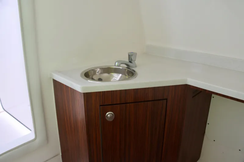  Yacht Photos Pics 2017 Pursuit DC 295 Dual Console boat interior with wooden cabinet and sink.